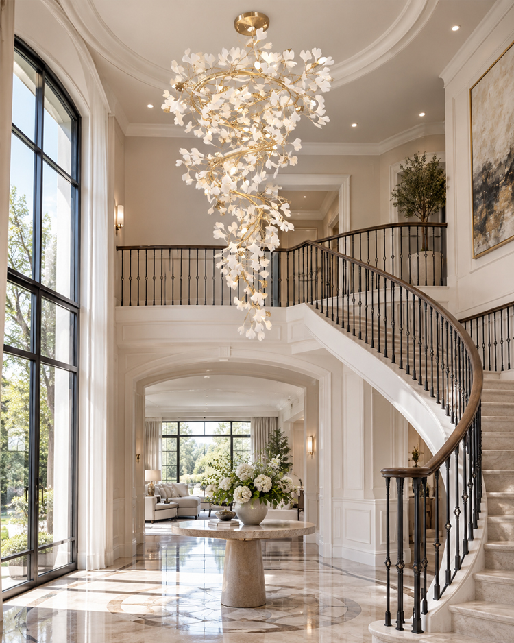 Ceramic ginkgo leaf chandelier in a grand curved staircase interior