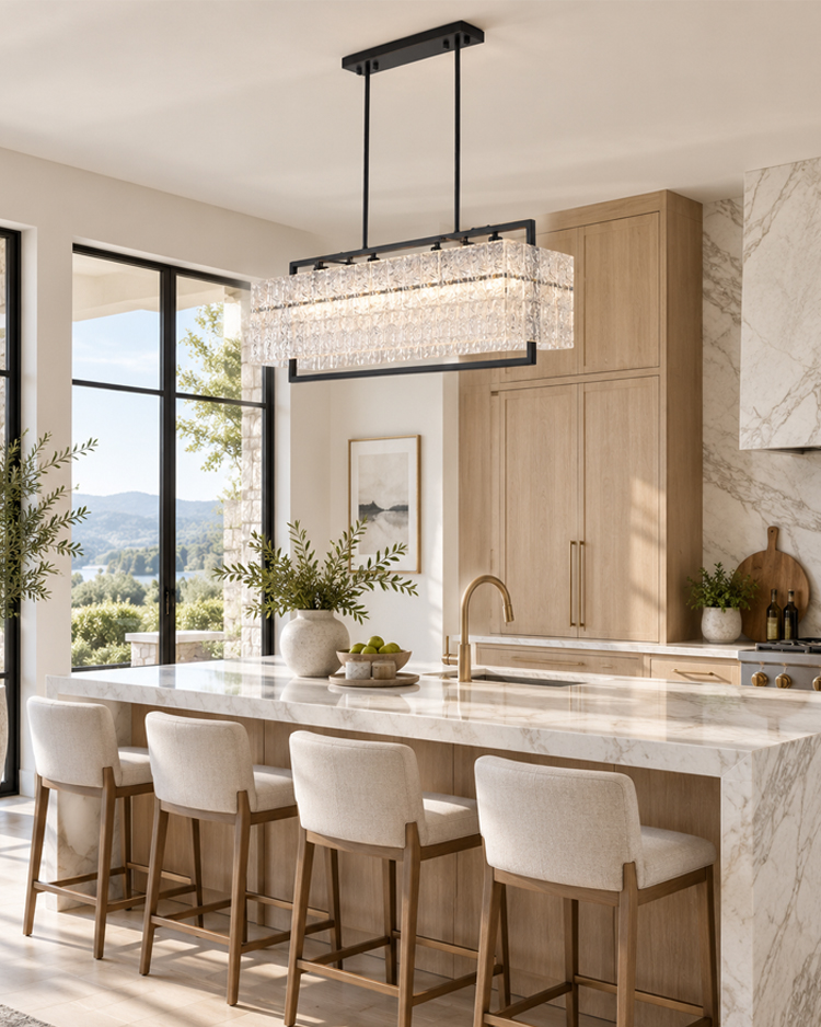 Textured glass kitchen island chandelier with slim black frame