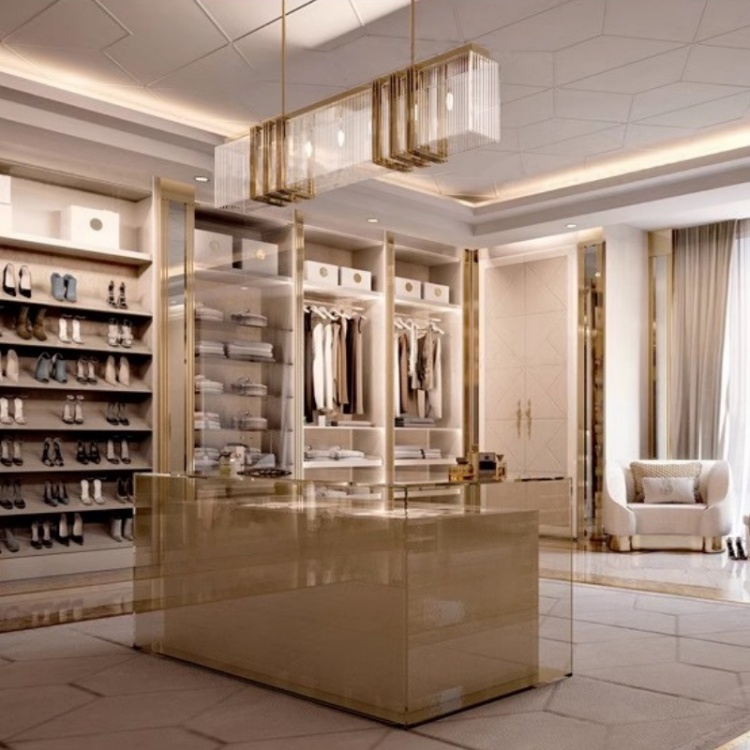 Rectangular pendant above the central island in a fitted dressing room
